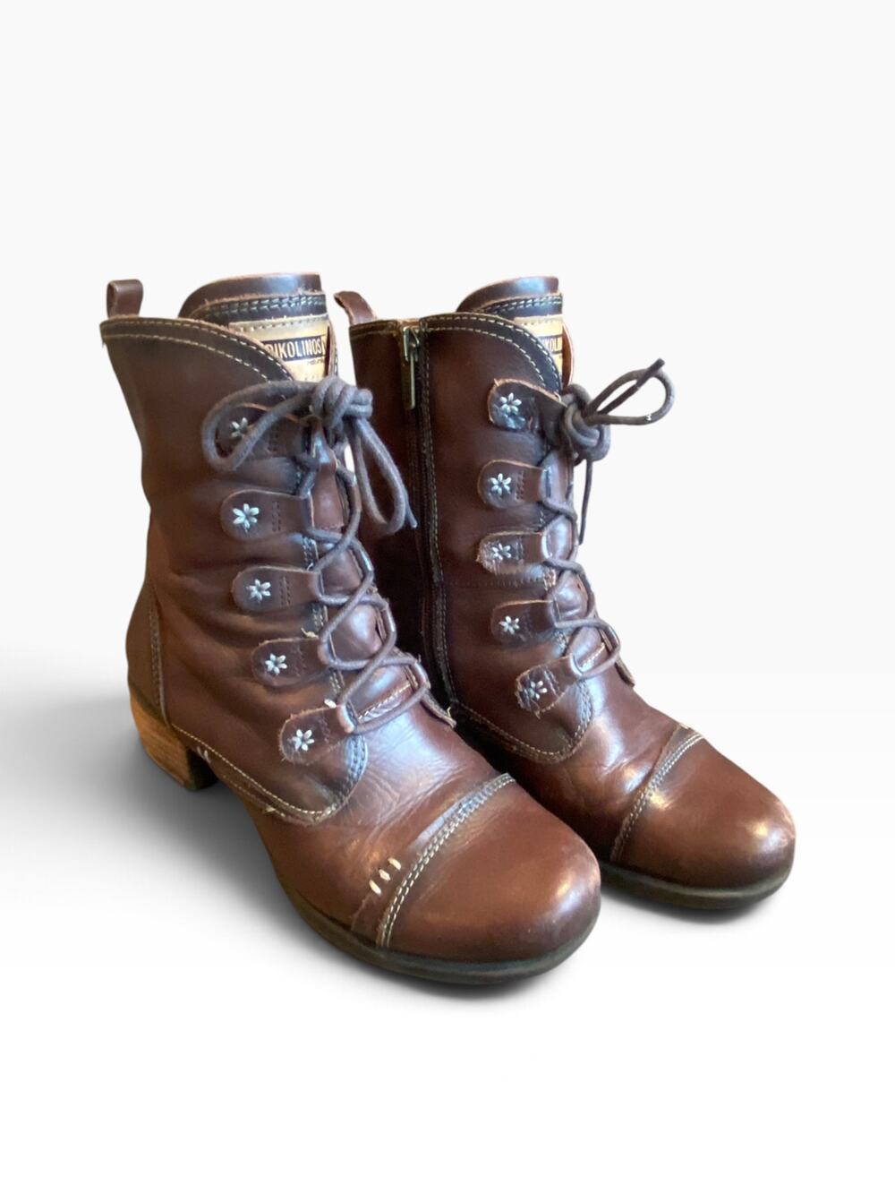 Pikolinos Women’s EU 37 Brown Leather Lace Up Side Zip Boots Boho Floral